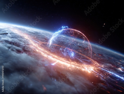 Fototapeta Naklejka Na Ścianę i Meble -  Futuristic sphere protecting Earth from impact; digital rendering with energy fields and glowing rings around the planet.
