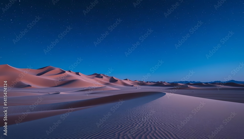 Naklejka premium Vast, empty desert landscape; towering sand dunes under a vibrant blue gradient starry night sky, bright, outdoor