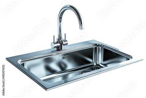 Sleek modern stainless steel kitchen sink with a chrome faucet reflecting light beautifully against a stark black background A on transparent background