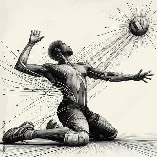 Dynamic disabled volleyball player diving for the ball in a striking black and white illustration