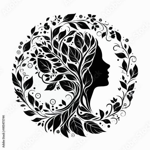 Abstract silhouette of a woman surrounded by leaves and flowers in a circular design on a light background
