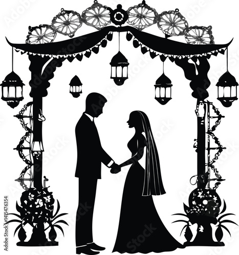 Silhouette of Bride and Groom Underneath Ornate Wedding Arch