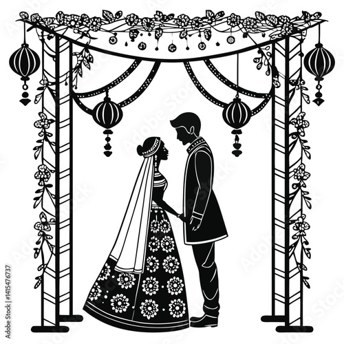 Indian Wedding Couple Silhouette Under Floral Mandap