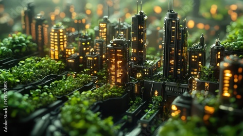 Lush greenery surrounds a futuristic city of illuminated buildings