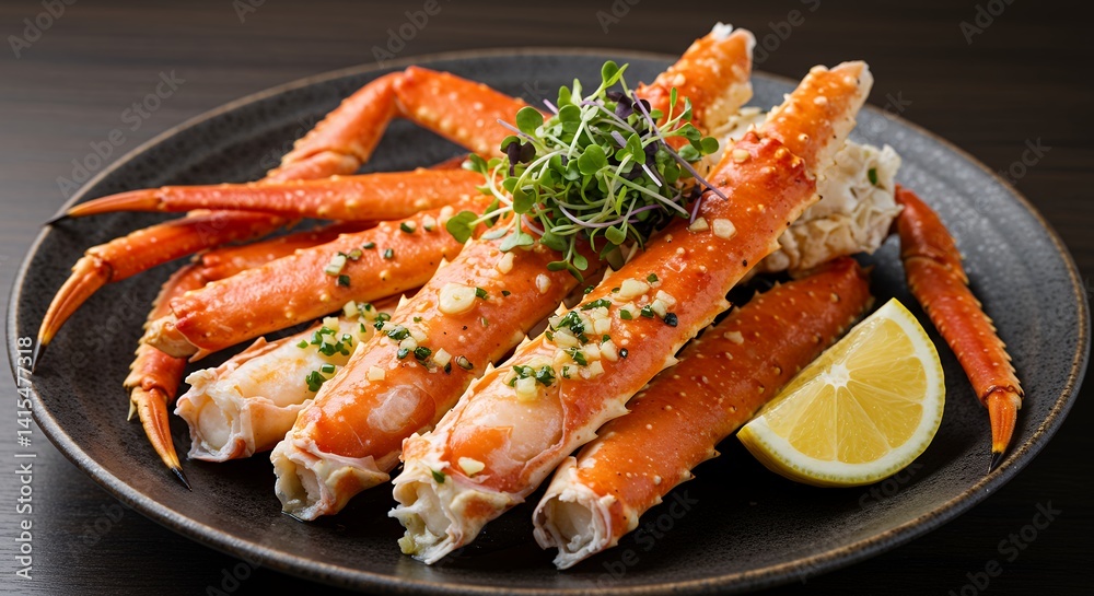 Delicious King Crab Legs on Plate with Lemon and Garnish Delicious King Crab Legs on Plate with Lemon and Garnish