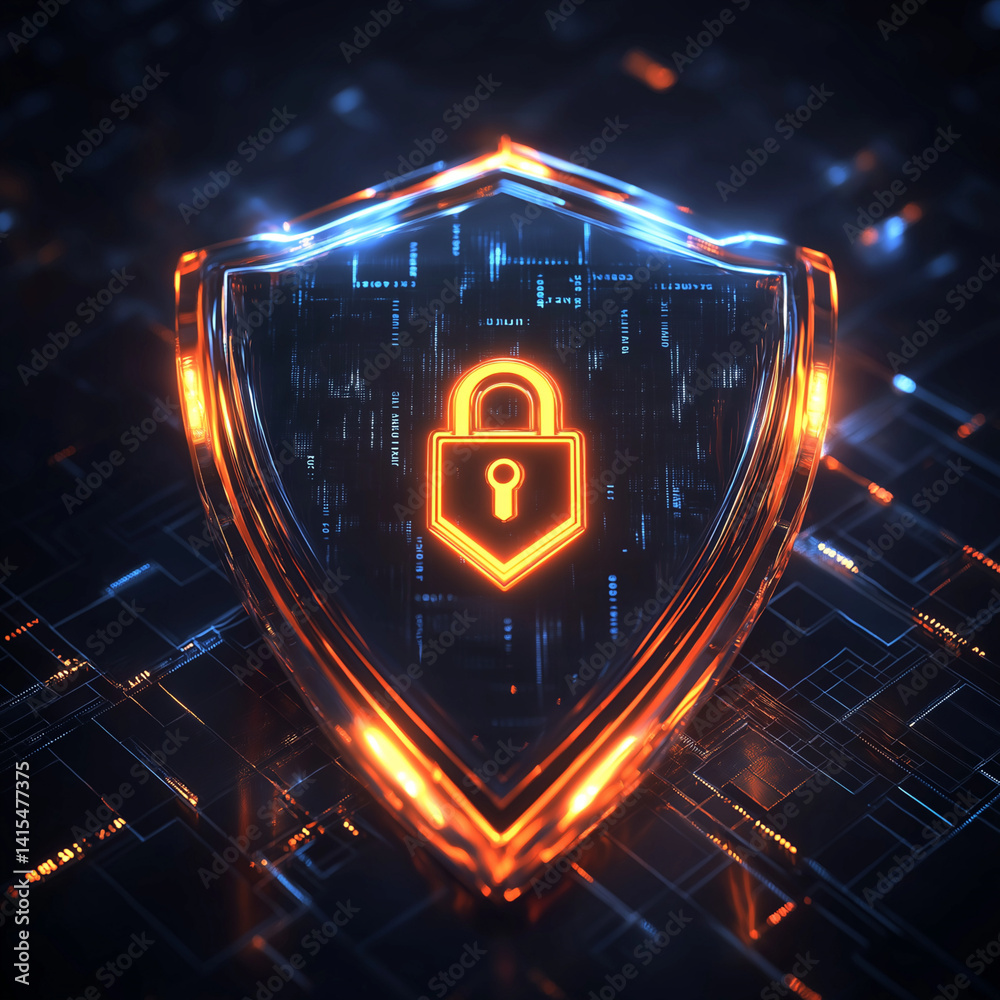 Fototapeta premium High-Tech Cybersecurity Shield with Orange Lock – Futuristic Digital Protection and Network Security Concept