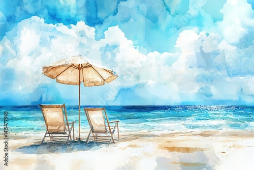 Beautiful beach banner. White sand, chairs and umbrella travel tourism wide panorama background concept. Amazing beach watercolor landscape watercolor painting