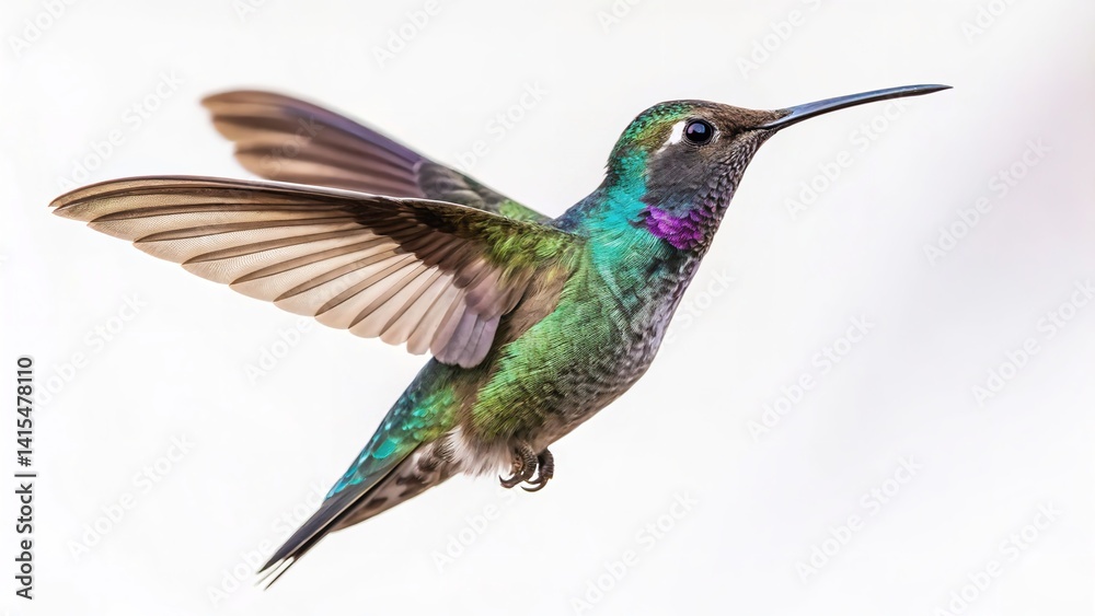 Obraz premium A vibrant hummingbird takes flight, showcasing its colorful feathers against a clean white backdrop.