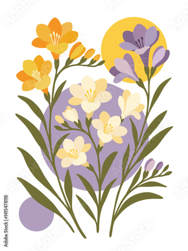Spring freesia flowers in soft pastel colors with abstract background. Vertical composition for floral, nature, or seasonal themes.