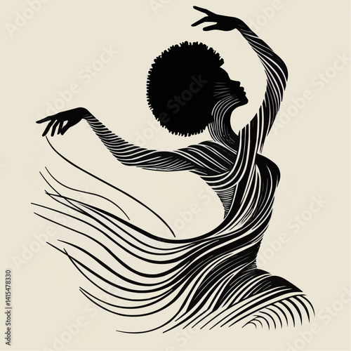 Stylized silhouette of a woman dancing with flowing lines and an afro hairstyle