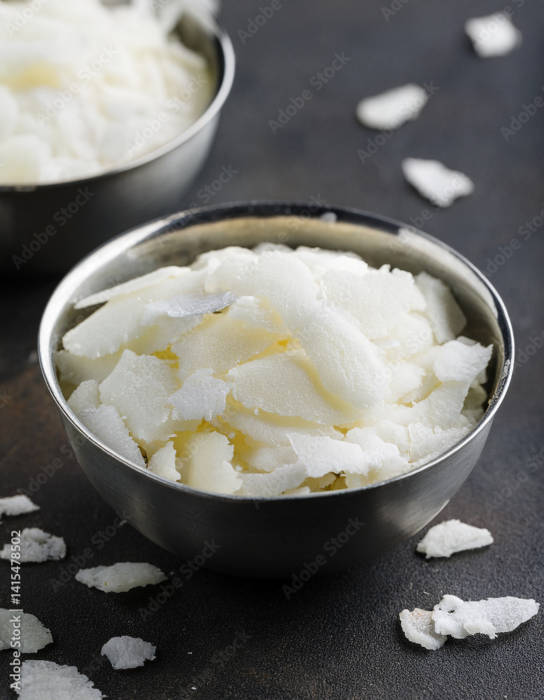 Soy wax flakes in metal bowl on dark background, Wax for making candle. Soy wax flakes in metal bowl on dark background, Wax for making candle.