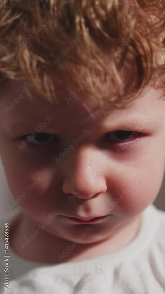 Active little boy waves with boxing glove on hand and frowns looking ahead. Sportive redhead child in t-shirt wants to scare opponent on ring closeup slow motion Active little boy waves with boxing glove on hand and frowns looking ahead. Sportive redhead child in t-shirt wants to scare opponent on ring closeup slow motion