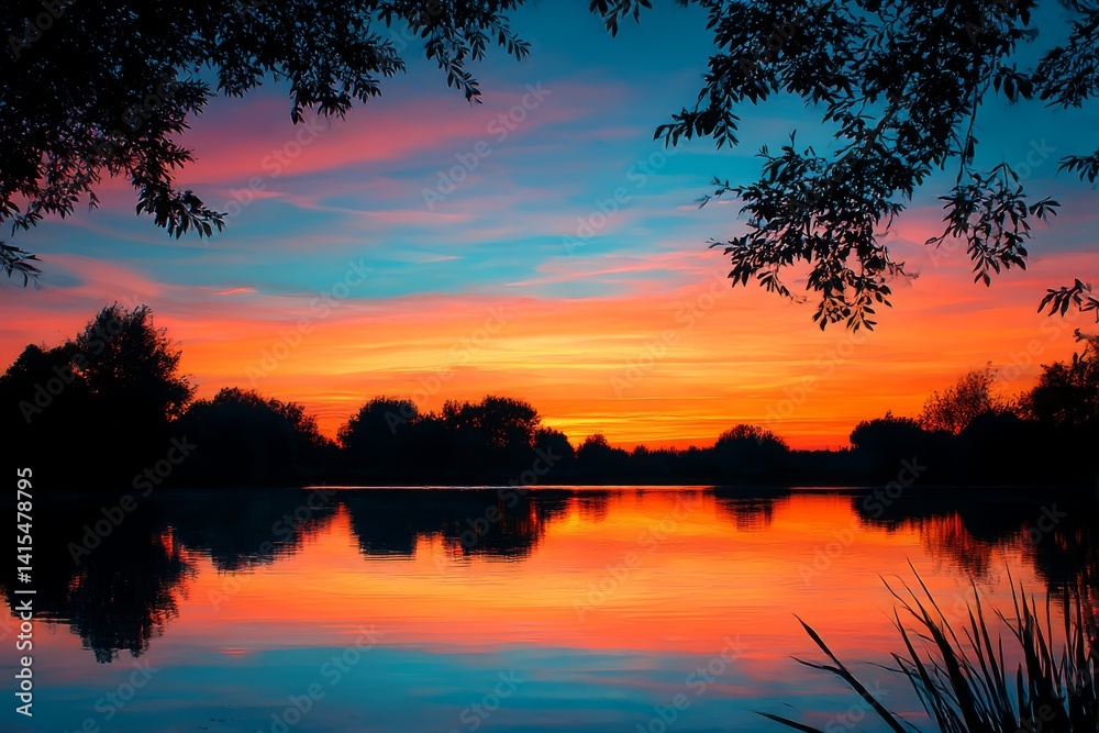 Fototapeta premium Serene sunset over calm reflective lake in countryside with soft warm light and peaceful atmosphere Generative AI