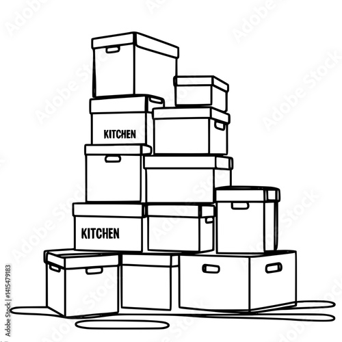 Stacked kitchen storage boxes in minimalist line art style  