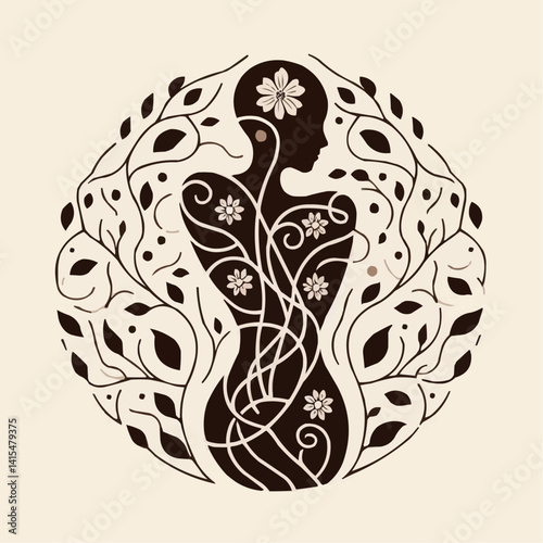 Stylized illustration of a woman surrounded by floral and leaf designs representing nature and femininity
