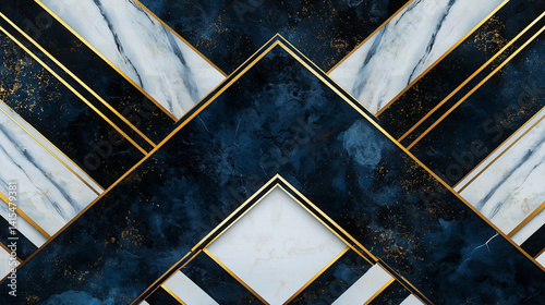 Elegant abstract background with dark blue marble texture, white stone, and gold lines in a modern geometric layout.