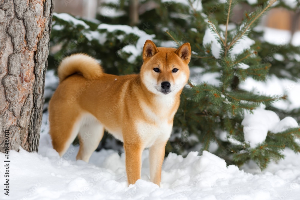 Shiba Inu standing in snowy field with falling snowflakes and soft winter light Shiba Inu standing in snowy field with falling snowflakes and soft winter light