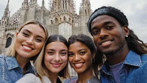 Four young friends smile for a selfie against the backdrop of an ornate Gothic cathedral, enjoying their journey together.