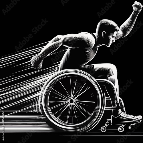 Powerful vector illustration of a wheelchair athlete in motion, emphasizing strength and determination