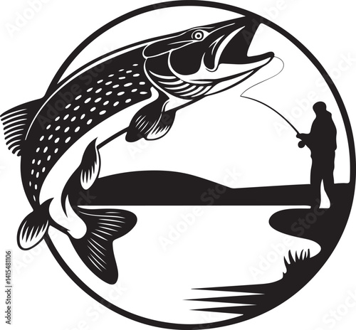  Fisherman with fish by lake vector