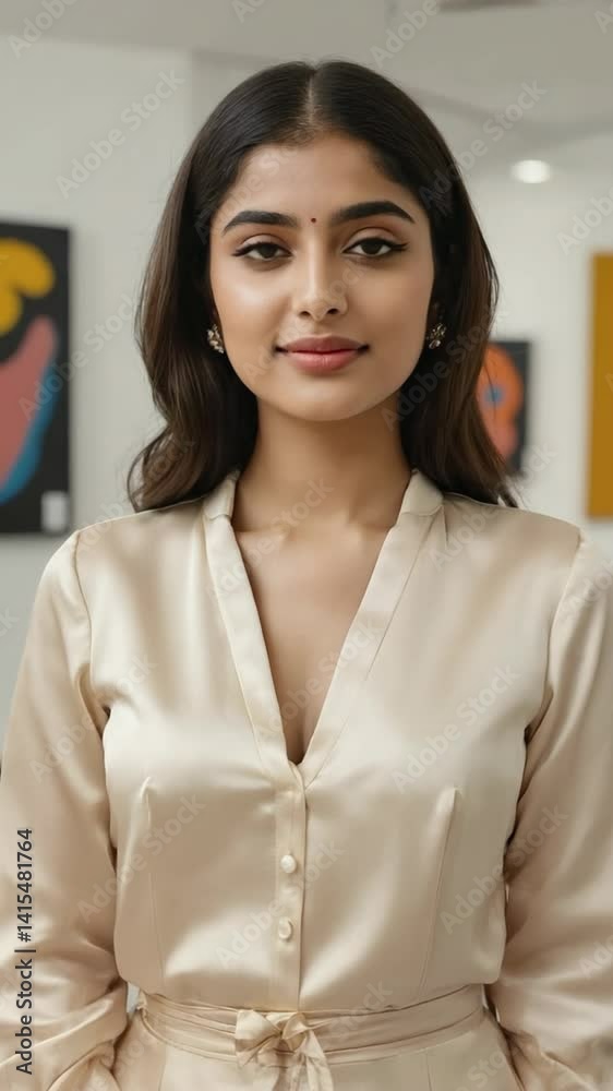 Close-up portrait of elegant young woman with styled hair in stylish silk dress looking at the camera indoors, smiling slightly in beauty concept Close-up portrait of elegant young woman with styled hair in stylish silk dress looking at the camera indoors, smiling slightly in beauty concept
