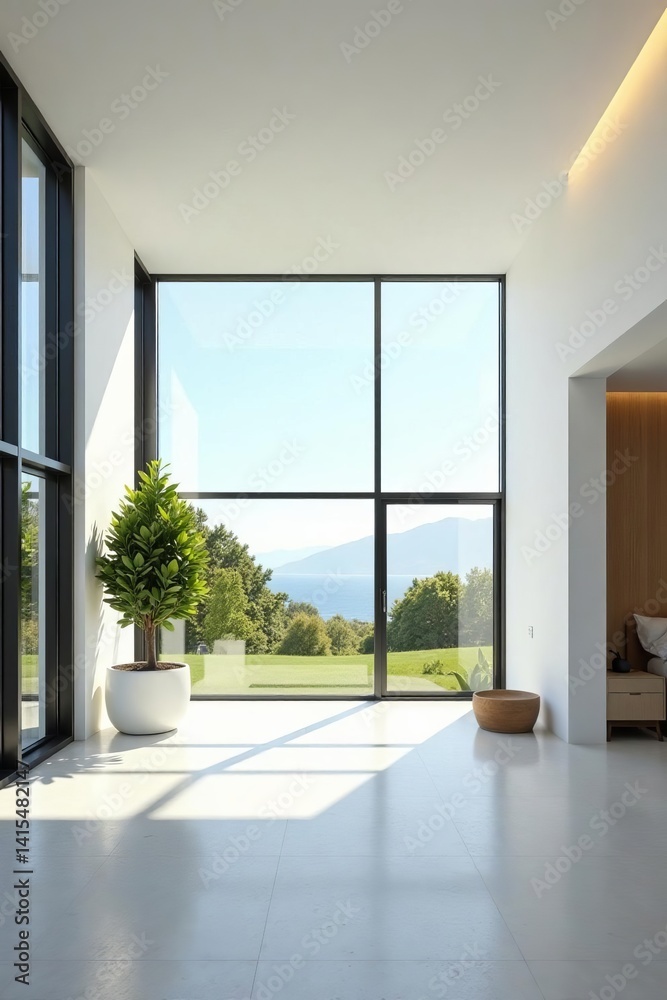 Fototapeta premium Minimalist single story building layout with large windows and natural light, natural light, architecture
