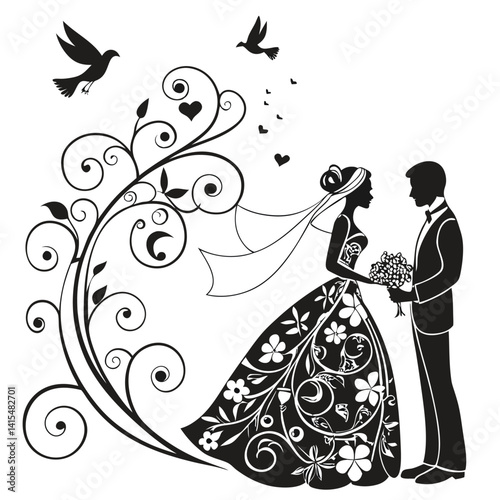Elegant Black and White Wedding Couple Silhouette with Floral Design