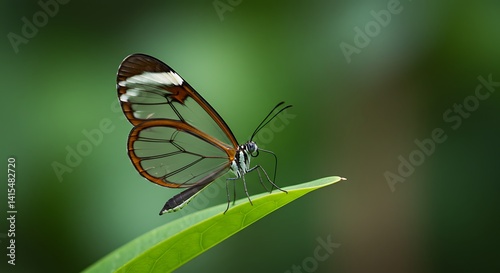 Glasswing Butterfly on Green Leaf Macro Photography