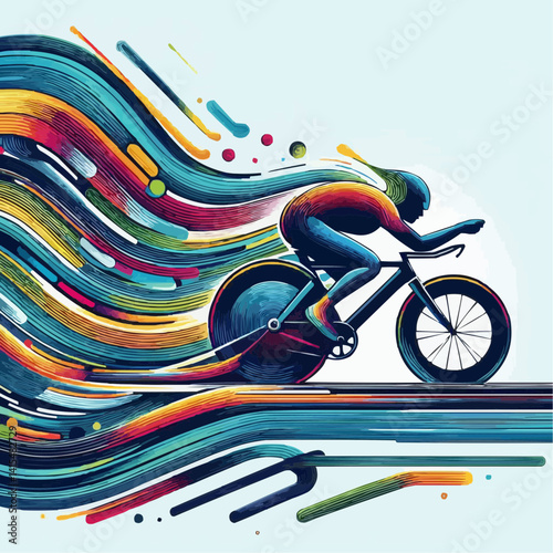 Vibrant cyclist speeding on a colorful abstract track
