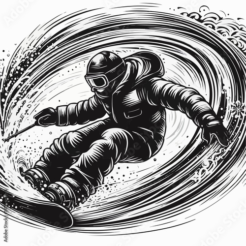 Dynamic abstract illustration of a snowboarder carving through snow with motion waves