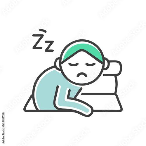 Tired person resting with a displeased expression on a bed  