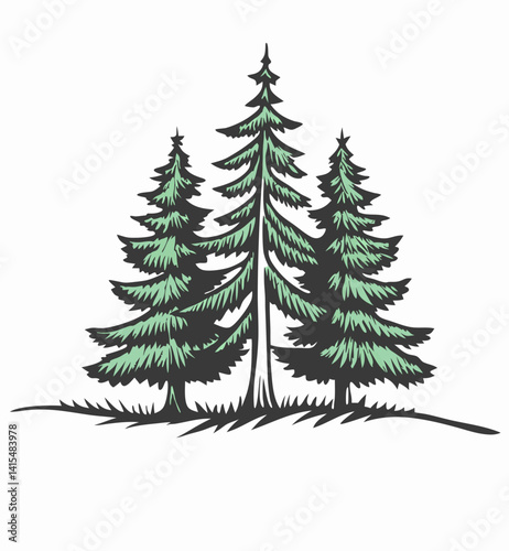 Vector style green and black pine tree, Isolated with white background
