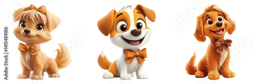 Playful cartoon puppies in bow ties isolated on transparent PNG image perfect for pet illustrations or kid-friendly content