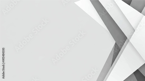 a vector illustration of a minimalistic abstract background with overlapping white and gray geometric paper-like shapes arranged diagonally on the right side, with a light gray background on the left.