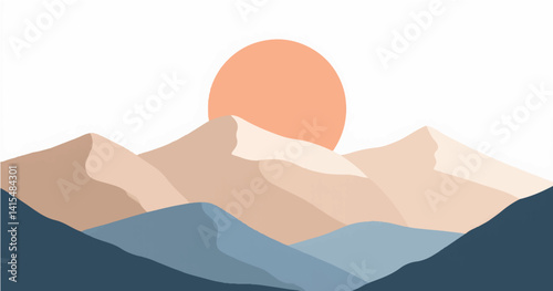 Vector illustration of a mountain landscape with a minimalistic, single-line drawing style. The mountains are shaded with light brown and blue tones, and the sun is positioned behind the peaks with an