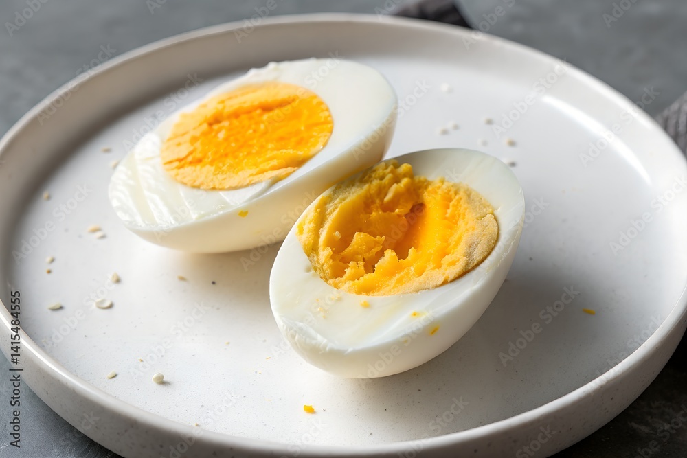 A boiled egg sliced in half on a minimalist plate, grey backdrop A boiled egg sliced in half on a minimalist plate, grey backdrop