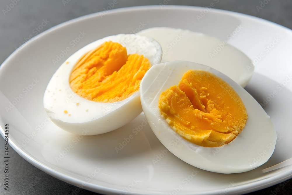 A boiled egg sliced in half on a minimalist plate, grey backdrop A boiled egg sliced in half on a minimalist plate, grey backdrop