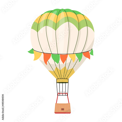 Bright hot air balloon with flags. Flying baloon design element for decorating invitation to show, flyer, banner. Aerial travel tourist transport with basket Flat vector illustration isolated on white