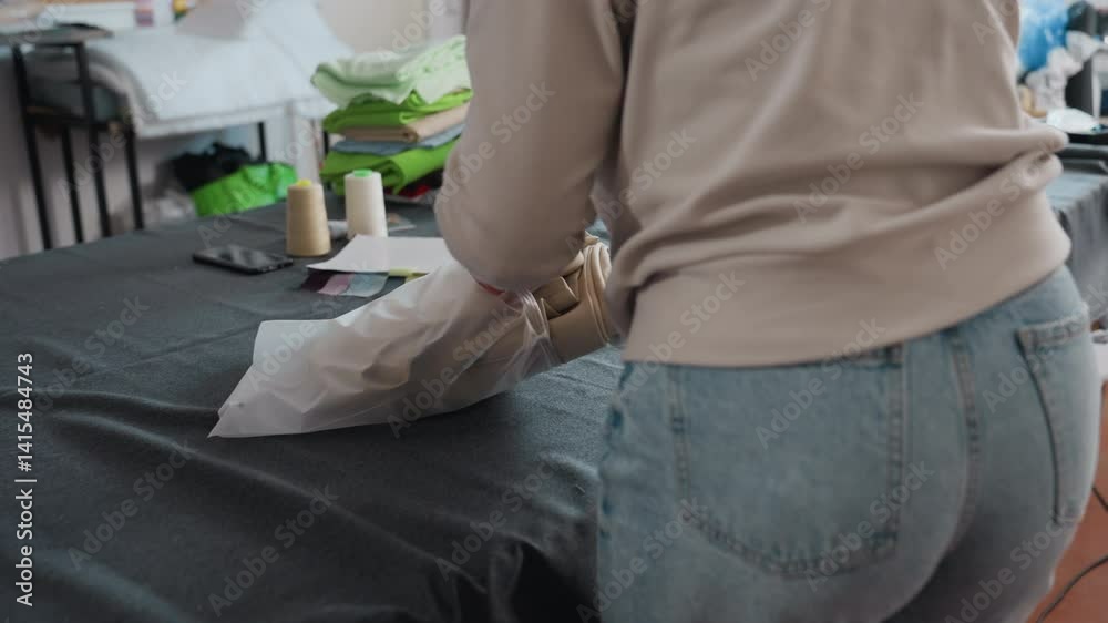 Garment maker folds beige clothing piece then slides item into transparent nylon packaging bag on cutting table inside bright sewing workshop, demonstrating careful handling technique