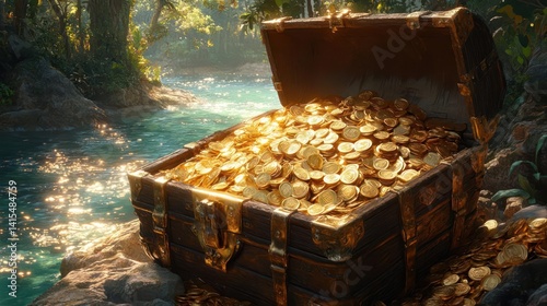 Fototapeta Naklejka Na Ścianę i Meble -  Open treasure chest overflowing with gold coins in a lush jungle by a river