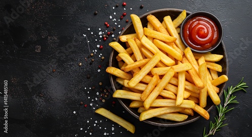 Golden Brown French Fries with Ketchup and Seasoning on Dark Background