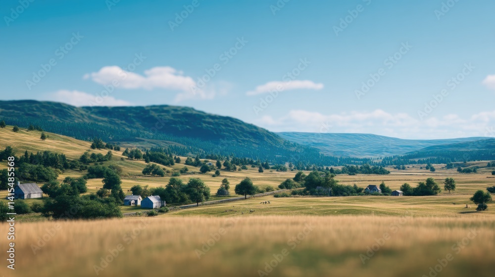 Fototapeta premium idyllic rural landscape with blurred figures in background offers perfect scene for storytelling