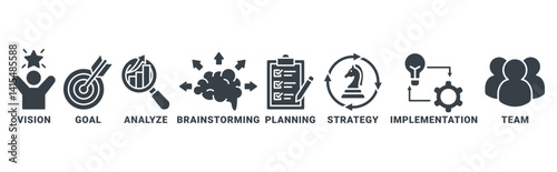 Success banner web icon vector illustration concept with icon of vision, goal, analyze, brainstorming, planning, strategy, implementation, team 