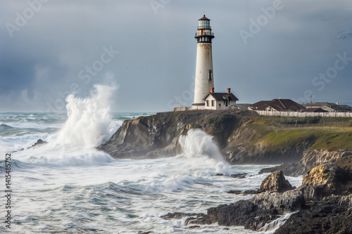 Obraz na płótnie The image depicts a lighthouse standing on a rocky cliff with large waves crashing against it, creating a dramatic and powerful scene w salonie