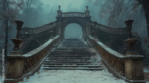 Ancient stone steps leading to a misty archway in a snowy forest