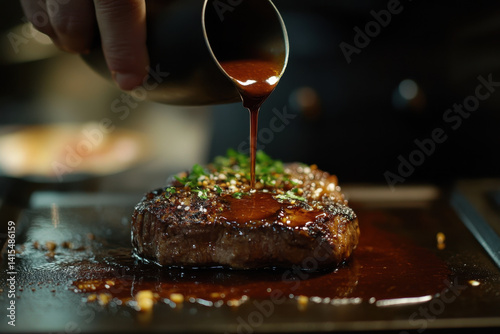 Person pouring sauce on steak, sizzling BBQ goodness on a grill.