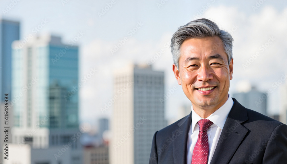 Professional man smiling in business attire against urban skyline Professional man smiling in business attire against urban skyline