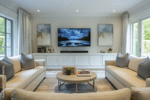 Wallpaper Mural Modern living room with large windows and an entertainment center, creating a bright and stylish space for relaxation Torontodigital.ca