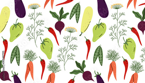 Seamless Horizontal Vegetable Pattern, Flat Style