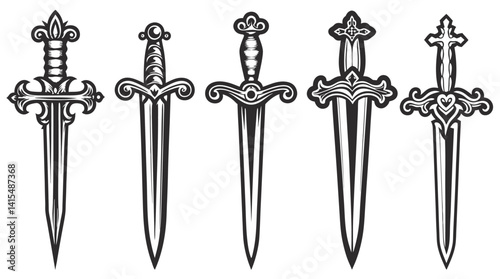 Set of medieval knight swords and daggers displaying intricate hilts and blades, highlighting historical weapon design and craftsmanship through detailed, unique decorative elements.